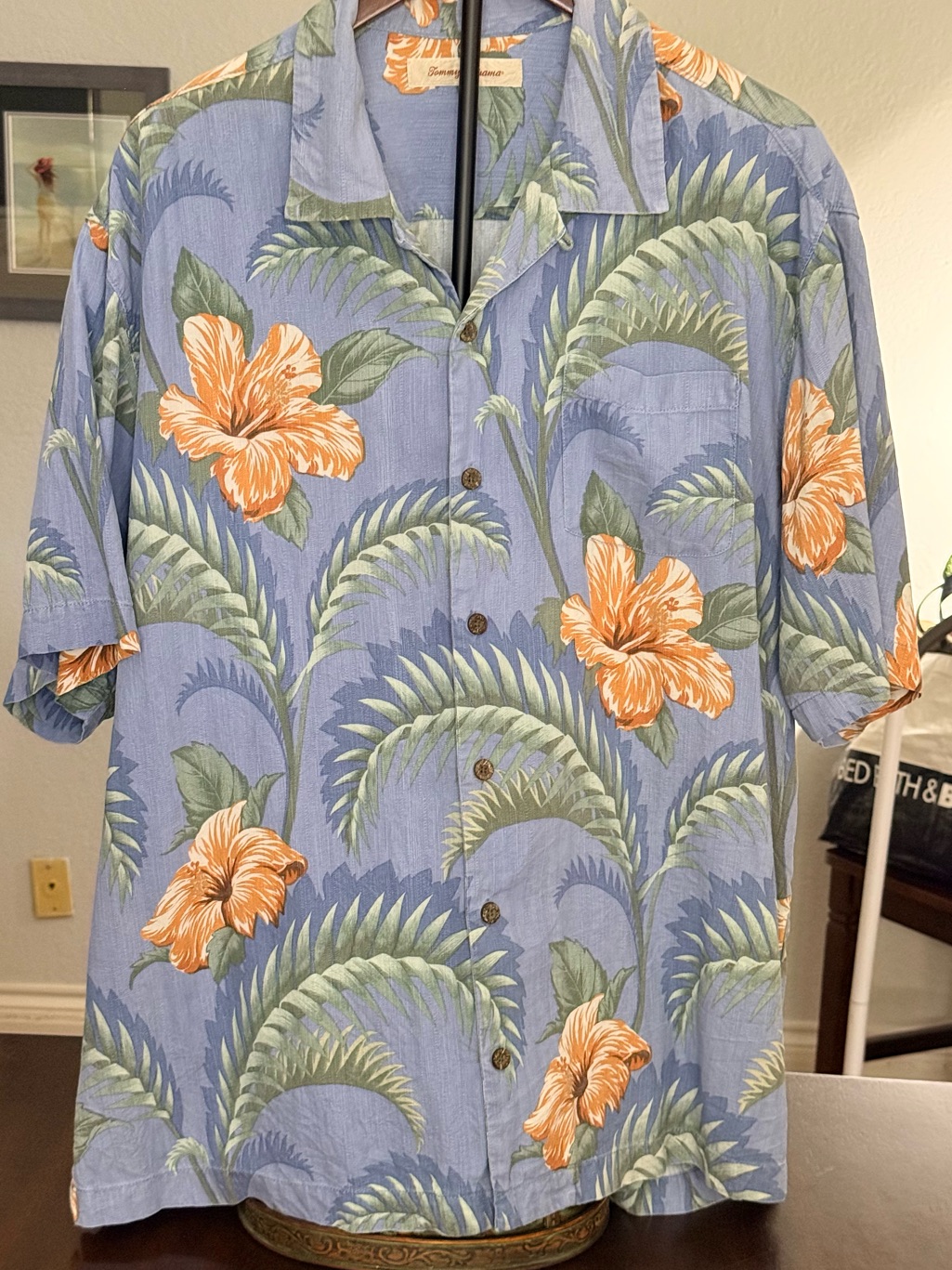 Tommy Bahama Blue ShortSleeve Hawaiian Shirt With Orange Floral Print Aa3